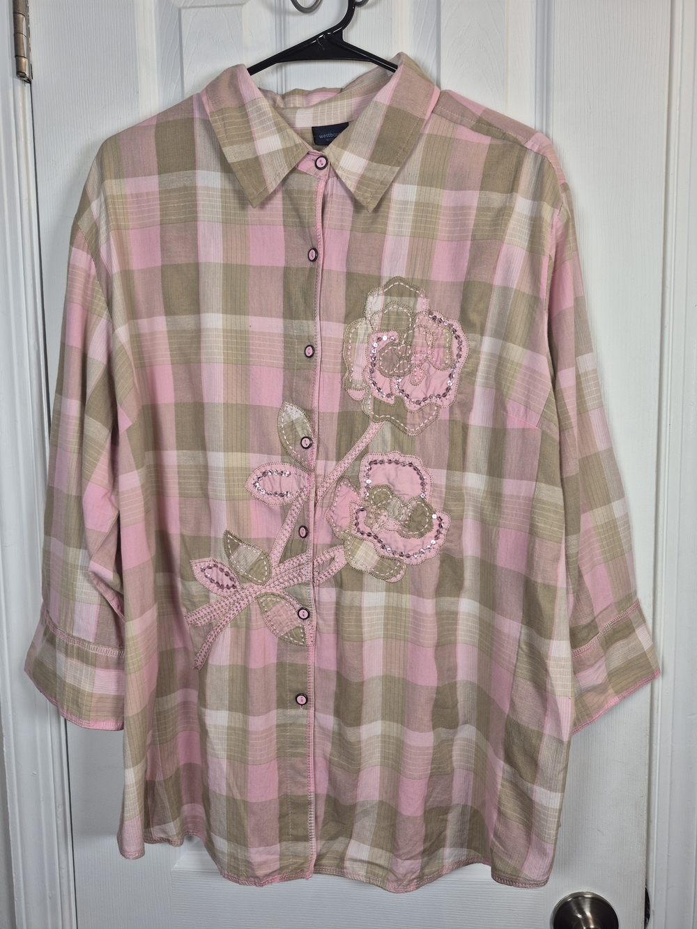 Westbound Pink Tan Plaid Floral Embroidered Sequin Button Down Shirt 2X NWT